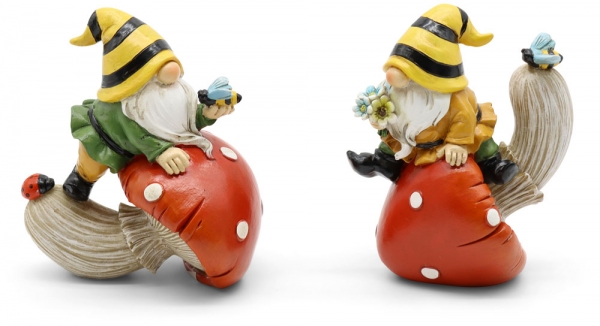 Keramik Wichtel mit Pilz+Biene 2fach 11cm
